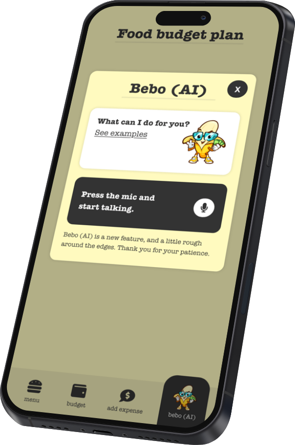 Banana Budget phone screen demonstrating Bebo AI inside the app